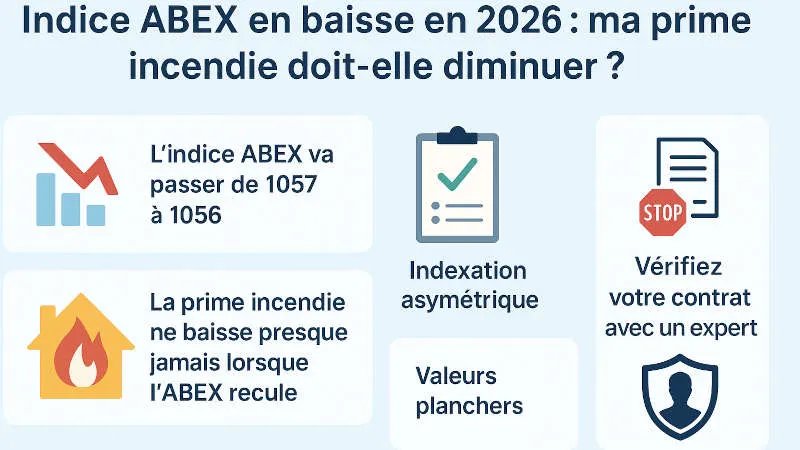 Infographie « Indice ABEX en baisse en 2026 : ma prime incendie doit-elle diminuer ? », indice de 1057 à 1056, prime qui ne baisse presque jamais